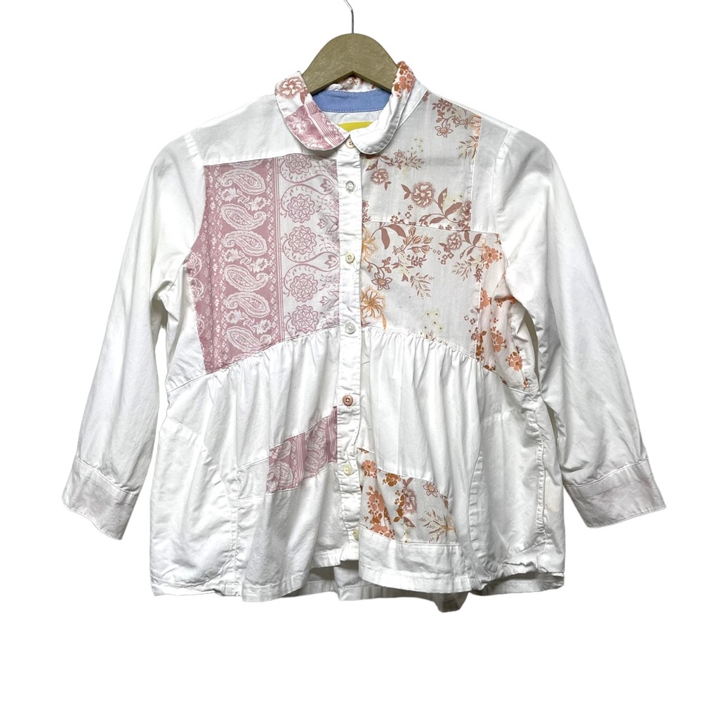 Anthropologie Maeve White Pink Boho Patchwork Button Up Shirt Size XS Petite